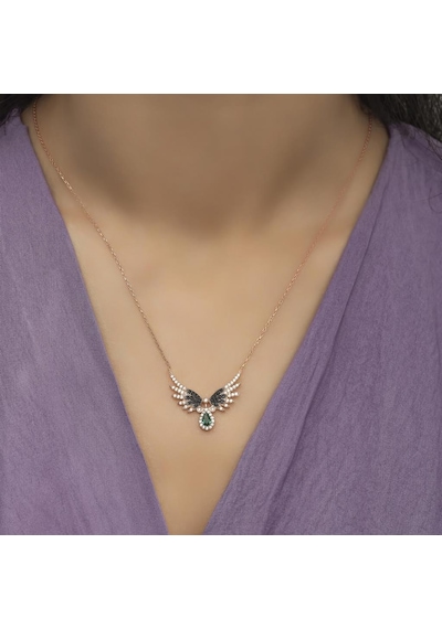 Melek Kanadı Motifli Rose Gümüş Kadın Kolye