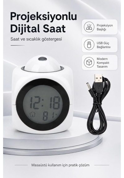 Tr Duvara Yansıtan Projeksiyonlu Dijital Çalar Saat Konuşan Termometreli Led Alarm Masa Saati Genel