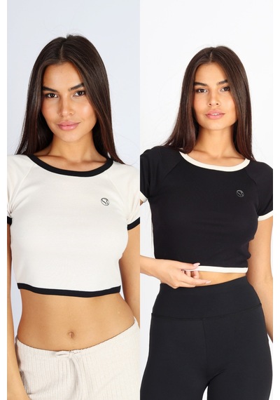 Soft&Basic Siyah-ekru Regular Fit Crop Basic Kadın 2'li Crop Tişört Beyaz