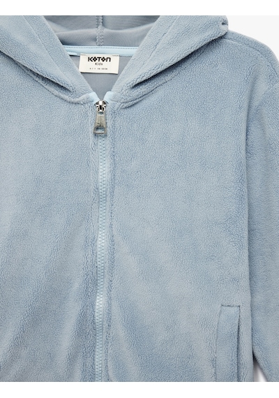 Koton Uzun Kollu Fermuarlı Kapşonlu Polar Sweatshirt Mavi 6wkg30056ak