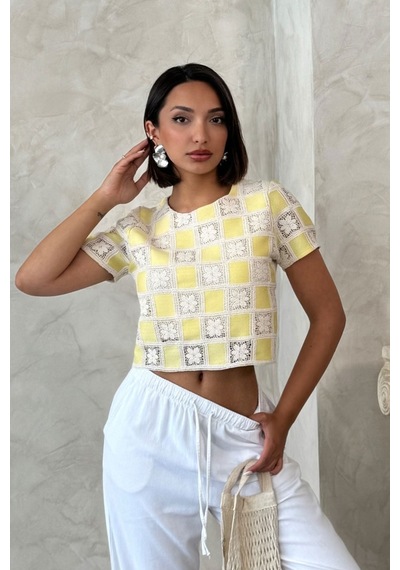 Verymoda Kısa Kollu Dama Desen Tiğişi Bluz D2619 Sari