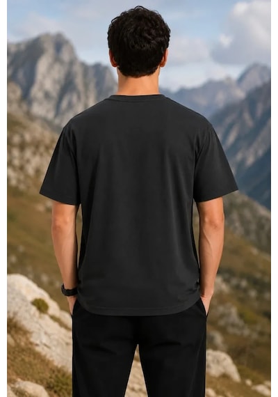 Modi Erkek Outdoor Pusula Dağ Baskılı Kısa Kollu Oversize T-shirt - Siyah