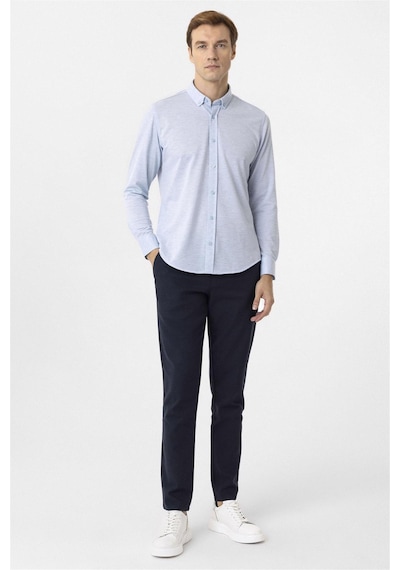 Süvari Saks Mavi Slim Fit Armürlü Düğmeli Yaka Gömlek
