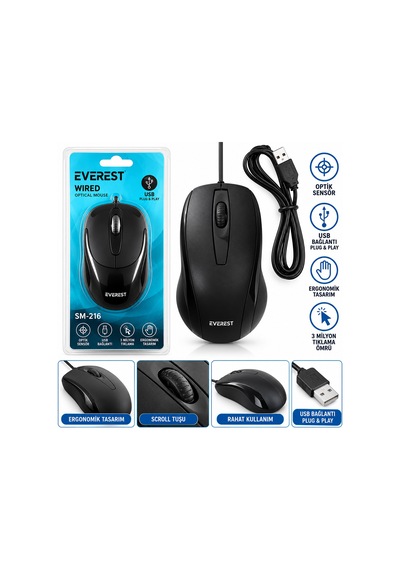 Kablolu Usb - Işıklı Siyah Optical Mouse 1200 Dpı Sm-216