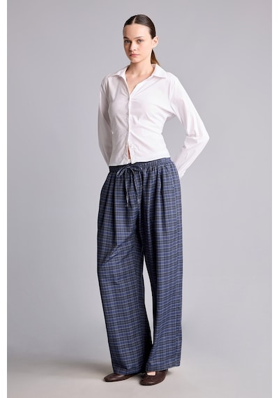 Defacto Ekose Desenli Bağcıklı Beli Lastikli Wide Leg Pantolon I2064ax26aunv241 Lacivert-nv241