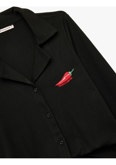 Koton Gömlek Yaka Uzun Kollu Biber Nakış Detaylı Pijama Takımı Siyah 6wlk40126mk Siyah