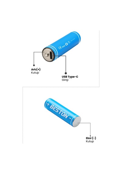 Beston Usb Type-c Kablo İle Şarj Edilebilir Lityum 4'lü Kalem Pil 1.5v Aa / 2220 Mwh 500mah