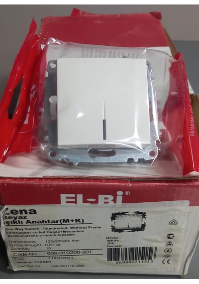Elbi Zena Beyaz Işıklı Anahtar 609-010200-201 - Çerçevesiz