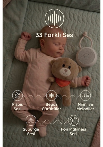 Beyaz Gürültü Cihazı | 33 Sesli, Pışpışlı & Ninnili Ayıcık | Pembe Fularlı Ayıcık