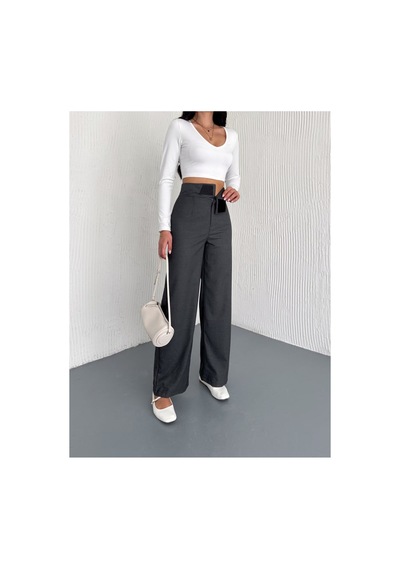 Gugus Kadın Cepsiz Dokuma Kumaş Pantolon Beli Cırtlı Bol Paça Wide Leg Model Füme