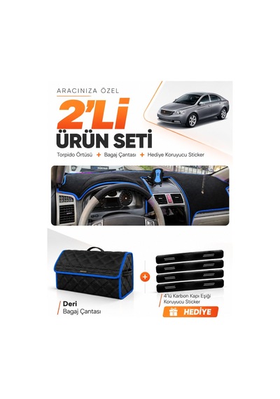 Geely Emgrand Ec7 2009-2014 Uyumlu Torpido Örtüsü + Deri Bagaj Çantası + Sticker Seti - Siyah Mavi