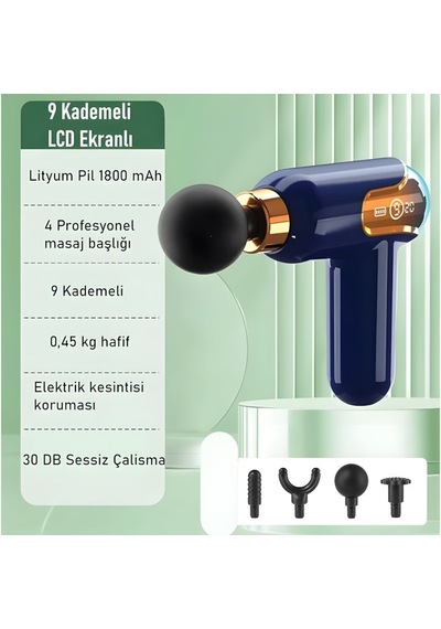 Merxas Darbeli Titreşimli Şarjlı Sporcu Masaj Tabancası 4 Başlıklı Mavi