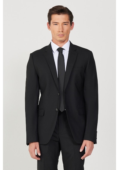 Ac&co Erkek Sıyah Yünlü Slim Fit Mono Yaka Kapak Cepli Takım Elbise Siyah