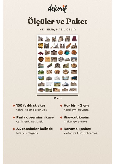 Konya Sticker Seti 100 Adet - Mevlana Türbesi Etli Ekmek Meke Gölü Gerçekçi Ajanda Journal Çıkartma Çok Renkli