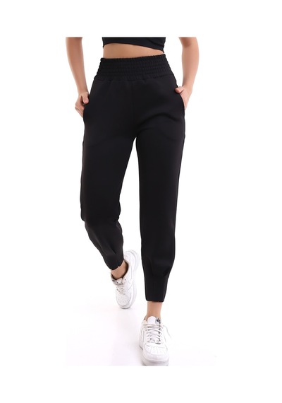 Winmoda34 Scuba Dalgıç Jogger Eşofman Altı Yüksek Bel Geniş Kemer Paça Pile Detaylı Siyah