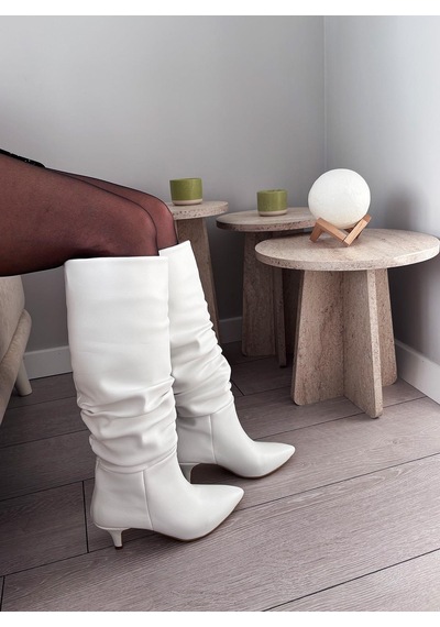 Asmi Shoes Kadın Oslo Topuklu Körüklü Şık Tarz Günlük Rahat Çizme Beyaz Beyaz