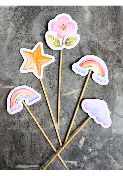 15 Adet Gökkuşağı Bulut Yıldız Pasta Kürdanı Cupcake Pasta Süsü K