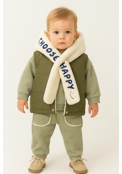 Bebek 3 Lü Kışlık Eşofman Takımı Polar Şallı, Şardonlu Yelekli, Sweatshirt Ve Alt 10697y Yeşil