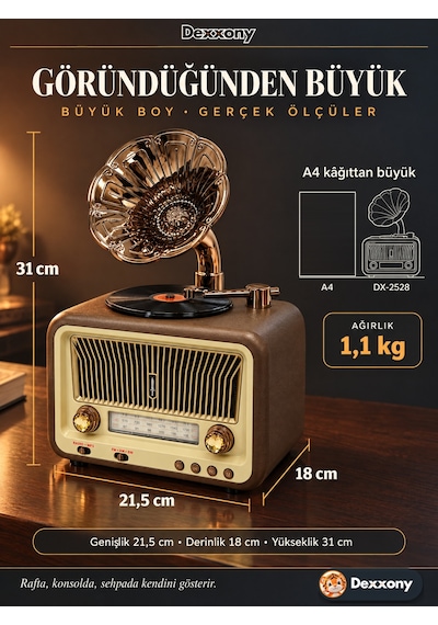 Dexxony Dx-2528 Kahverengi Nostaljik Radyo Retro Gramofon Büyük Boy Şarjlı Bluetooth Hoparlör Fm Usb