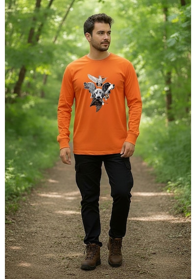 Avcılık Pointer Çulluk Setter Baskılı Regular Fit Turuncu Bisiklet Yaka Uzun Kollu T-shirt Turuncu