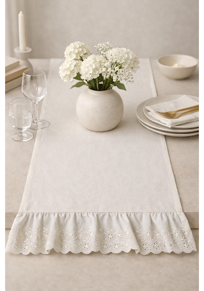 % 100 Pamuklu Ham Keten Ucu Fırfırlı Runner& Dekoratif Örtü Bej 40 x 110 CM