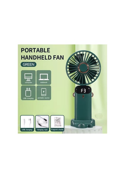 Taşınabilir Dijitalli Mini Fan Şarjlı, Sessiz Ve Güçlü Serinletici Fan Yeşil - 886311102