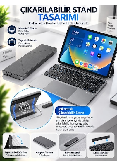 Alüminyum Şarjlı 64 Tuşlu Türkçe Q Klavye Deri Standlı Katlanabilir Bluetooth Dokunmatik Touchpad