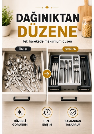 Sürgülü Ayarlanabilir Kaşıklık Organizer Çekmece İçi Düzenleyici S-10555 Gri