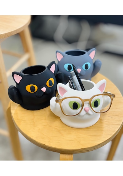 Kedi Tasarımlı Gözlük Ve Kalemlik Standı Çok Amaçlı Masaüstü Organizer 17x12x12cm Gri