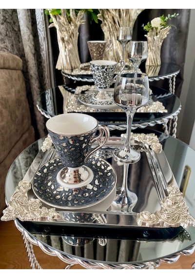 Atabey Home Collection 6'lı Kahve & Çay & Sunum Tepsisi Metal Döküm Kare Gümüş Gül Model