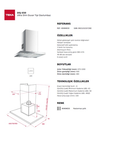 Teka DSJ 650 Duvar Tipi Davlumbaz 40484830