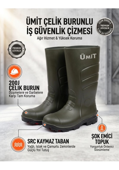 Çelik Burunlu Çizme İş Güvenlik Çizmesi - Güçlü, Dayanıklı Ve Su Geçirmez Çizme Haki