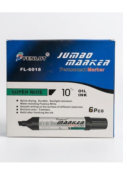 Fenlot Jumbo Permanent Marker Kalem Seti 6'lı 4 Siyah, 2 Mavi - 10 Mm Geniş Kesik Uçlu Kalıcı Markör Kalem