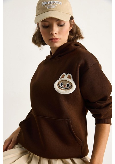 Shade Kadın Nakış İşlemeli Kapüşonlu Kanguru Cepli Sweatshirt 6045 60284098 - Kahve
