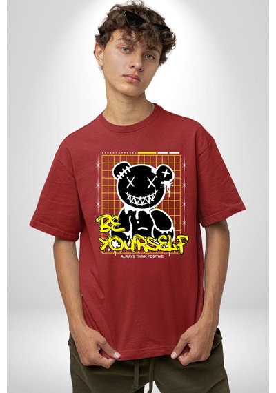 Kendin Ol Pamuklu Bisiklet Yaka Unisex Oversize Boyfriend Dijital Baskılı Kırmızı T-shirt Kırmızı