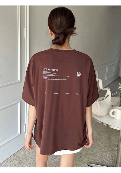 Flood Of Style Kadın Kahverengi Life Baskılı Oversize Bisiklet Yaka Tişört