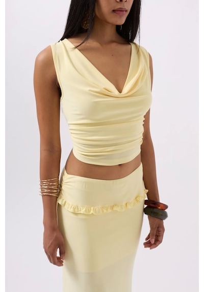 Defymoda Degaje Yaka Crop Sarı