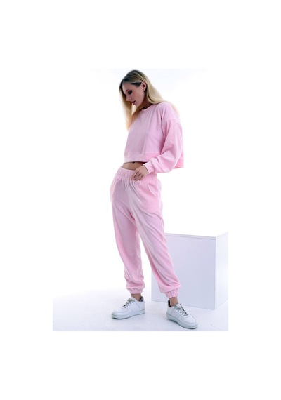 Dreamlike Kadife Yuvarlak Yaka Uzun Kollu Sweatshirt Cepli Bel Lastikli Pantolon Takım Pembe