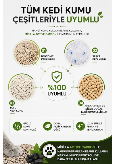 Midilla Active Carbon Kedi Kumu Koku Giderici 4 X 250 G %100 Gerçek Aktif Karbon Toplam 1.000 G