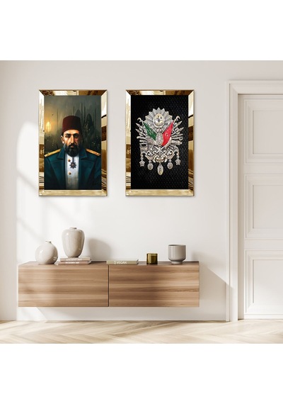 Gold Aynalı Pleksi Çerçeveli Padişah Abdülhamid Ve Osmanlı Tuğrası İkili Mdf Tablo Seti