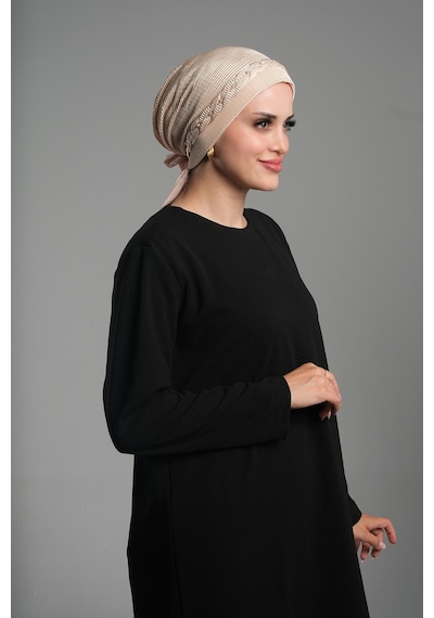 Hürrem Bone Bej Pratik Hazır Geçmeli Tesettür Bone Fukuro Piliseli Örgülü Güllü 1823 12 Bej