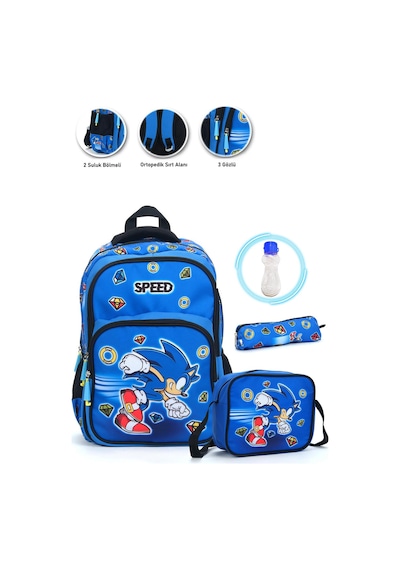 Speed Sonic Okul Çantası + Beslenme + Kalemlik + Suluk Super Sonic Çanta İlkokul Çantası Sırt Çanta