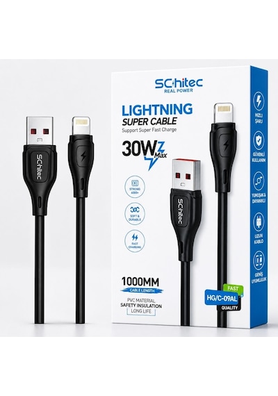 Schitec Usb-a To Lightning 30w Hızlı Data Ve Şarj Kablosu 1m Siyah Hg/c-09al 30 W