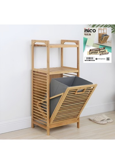 İbico İ21-081 2 Katlı Organizatör Raflı Kalın Ahşap Bambu Kirli Çamaşır Sepeti 40x35x95 Cm