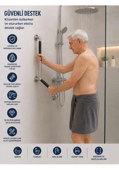 Paslanmaz Çelik Banyo Tutunma Barı 63 Cm Gümüş