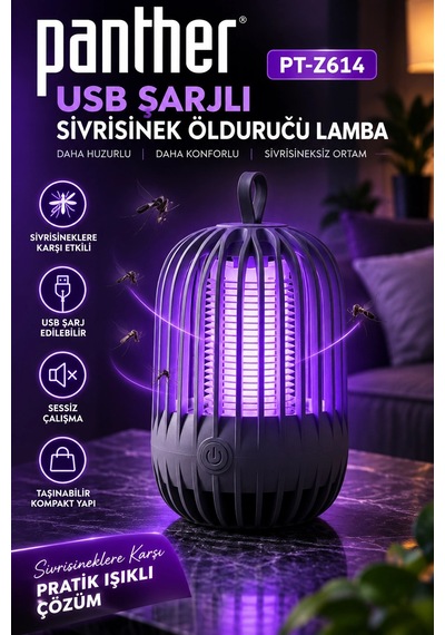 Panther Sb Şarjlı Sivrisinek Öldürücü Lamba Mor Işıklı, Askı Halkalı, Kompakt Ve Taşınabilir Tasar