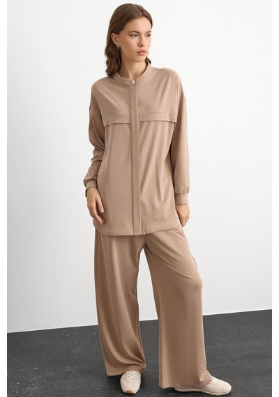 Olcay Bisiklet Yaka Önü Patlı Premium Sweat İkili Takım Bej 9384-tk