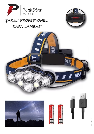 Peakstar Ps-888 Güçlü Usb Şarjlı 8 Modlu 6000 Lümen Kafa Lambası Mavi - Siyah
