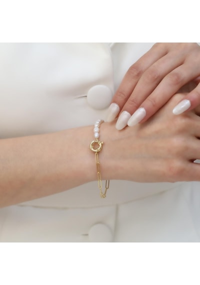 925 Ayar Gümüş Beyaz İncili Asimetrik Gold Bileklik-5mm