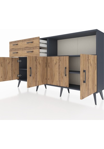 Arges Konsol 4 Raflı 4 Çekmeceli 4 Kapaklı 176x30x99 Antrasit-çam Atlas Çam - Antrasıt